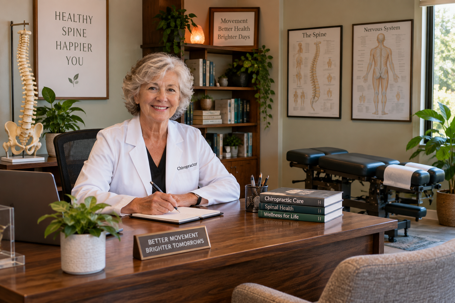Chiropractor at her desk in a treatment room