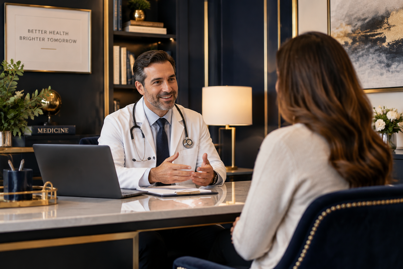 Physician consulting with a patient in a navy and brass clinic office